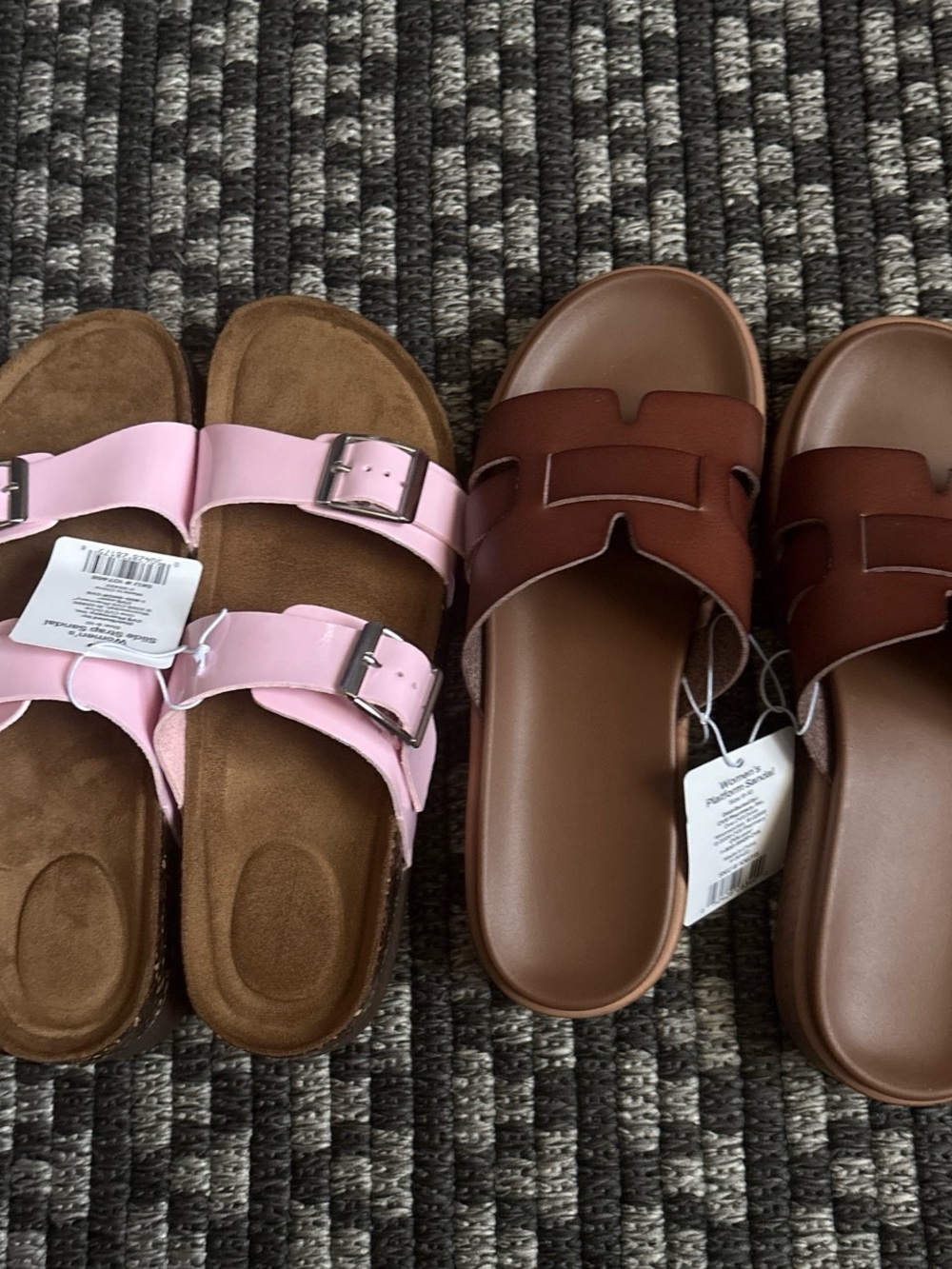 Pink Double-Buckle Slide Sandals & Brown Slip-On Sandals